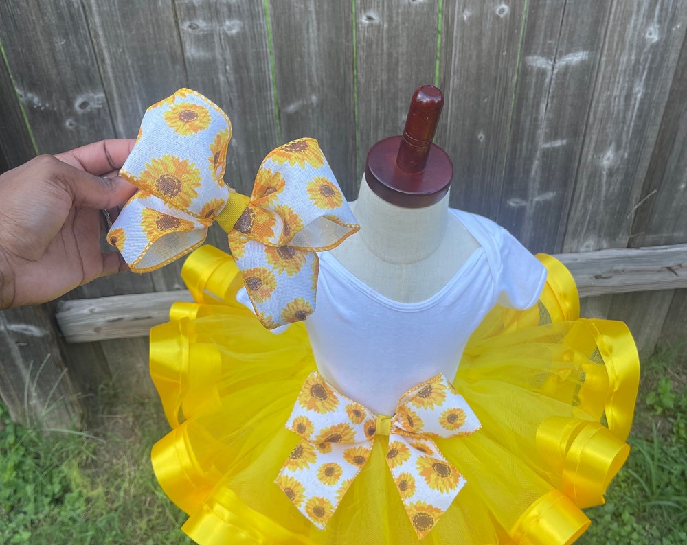 Sunflower Double Satin Ribbon Tutu With Hair Bow Included